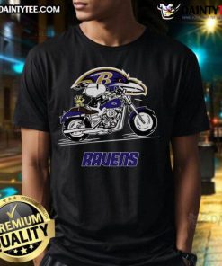 Happy Snoopy And Woodstock Driving Motorbike Baltimore Ravens T-Shirt