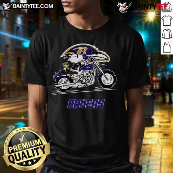 Happy Snoopy And Woodstock Driving Motorbike Baltimore Ravens T-Shirt