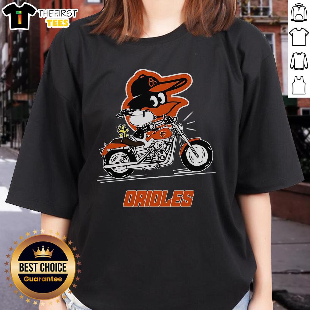 Original Snoopy And Woodstock Driving Motorbike Baltimore Orioles Ladies Tee