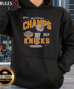 Awesome 2025 NBA Finals New York Knicks Championship Hoodie displayed on a hanger, showcasing team colors and logo.