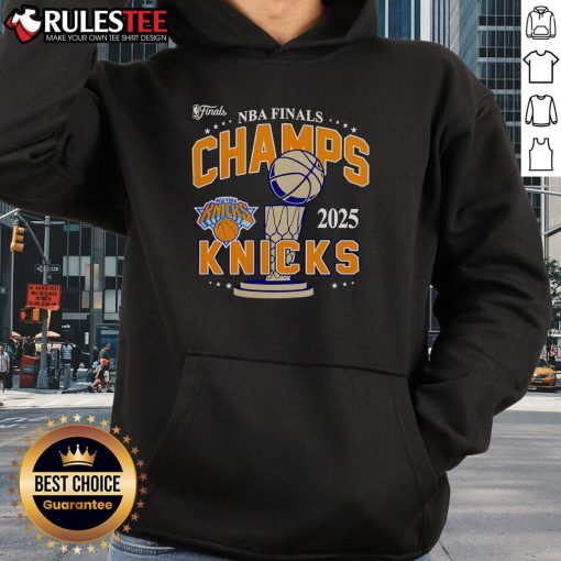 Awesome 2025 NBA Finals New York Knicks Championship Hoodie displayed on a hanger, showcasing team colors and logo.
