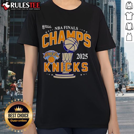 Alt Text: Awesome 2025 NBA Finals New York Knicks Championship Ladies Tee featuring team colors and logo for female fans.