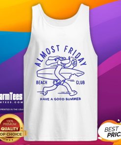 Dog wearing 'Awesome Almost Friday Beach Club' tank top, enjoying summer vibes at the beach.