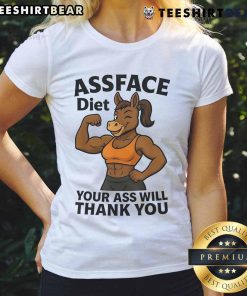 Ripped Donkey ladies tee featuring 'Awesome Assface Diet' slogan, perfect for fitness enthusiasts and stylish workouts.
