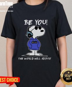 Awesome Be You The World Will Adjust Snoopy Ladies Tee featuring a playful Snoopy graphic on a stylish women's t-shirt.