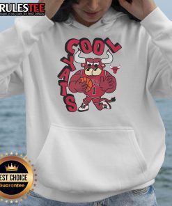 Alt Text: Awesome Chicago Bulls Stadium Essentials NBA X Staycool mascot hoodie displayed on a vibrant background.