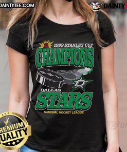 Alt Text: Awesome Dallas Stars NHL 1999 Stanley Cup Champions ladies tee showcasing team pride and stylish design.