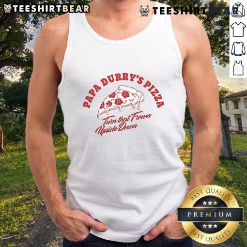 Alt Text: Awesome Durry Papa Durry's Pizza tank top design featuring an upside-down pizza graphic for trendy fashion lovers.