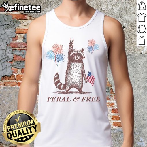 Alt Text: Patriotic raccoon wearing a tank top celebrating 4th of July, featuring fun and vibrant red, white, and blue colors.