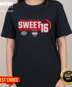 UConn Huskies women's basketball 2025 Sweet 16 ladies tee featuring vibrant graphics and stylish design for fans.
