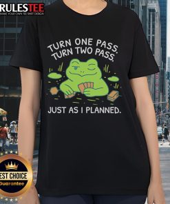 Alt Text: Awesome frog design on ladies tee, showcasing a fun turn-one-pass, turn-two-pass theme for playful fashion.