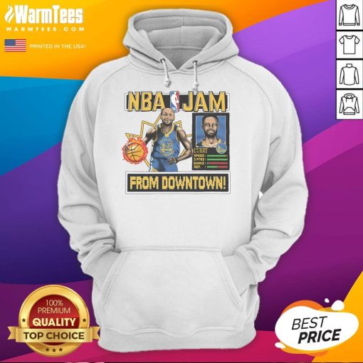 Awesome Golden State Warriors Stephen Curry homage royal NBA Jam hoodie featuring vibrant team colors and iconic design.