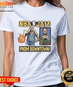 Awesome Golden State Warriors Stephen Curry homage royal NBA Jam ladies tee showcasing vibrant design and team spirit.