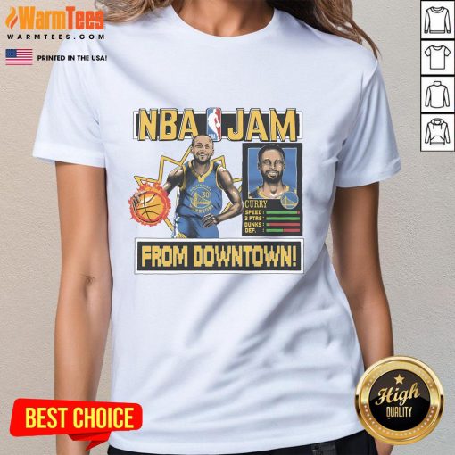 Awesome Golden State Warriors Stephen Curry homage royal NBA Jam ladies tee showcasing vibrant design and team spirit.