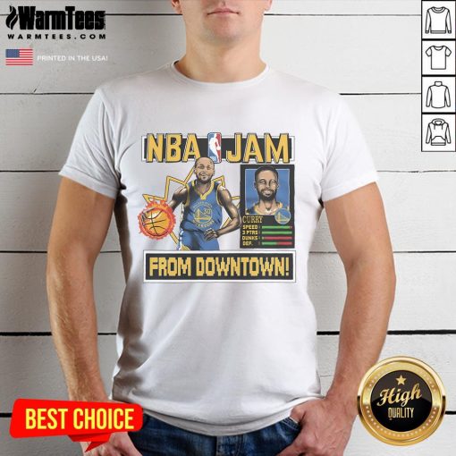 Awesome Golden State Warriors Stephen Curry Homage Royal NBA Jam T-Shirt featuring vibrant colors and iconic design.