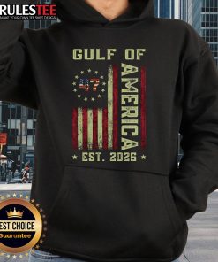 Patriotic hoodie featuring the US flag and Gulf of Merica design, established 2025, perfect for American pride.