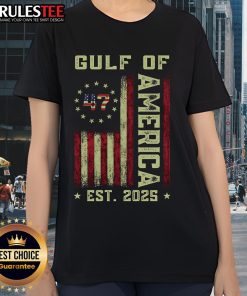Awesome Gulf of Merica US Flag Patriotic Est 2025 Ladies Tee showcasing a vibrant American flag design.