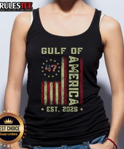 Patriotic tank top featuring the US flag and Gulf of Merica design, established 2025, perfect for summer wear.