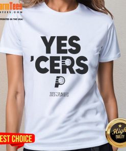 Alt Text: Awesome Indiana Pacers Yes Cers 2024-25 NBA Playoffs Ladies Tee showcasing team pride and stylish design.