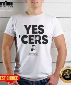 Alt Text: Awesome Indiana Pacers Yes Cers 2024-25 NBA Playoffs T-Shirt featuring team colors and logo, perfect for fans.