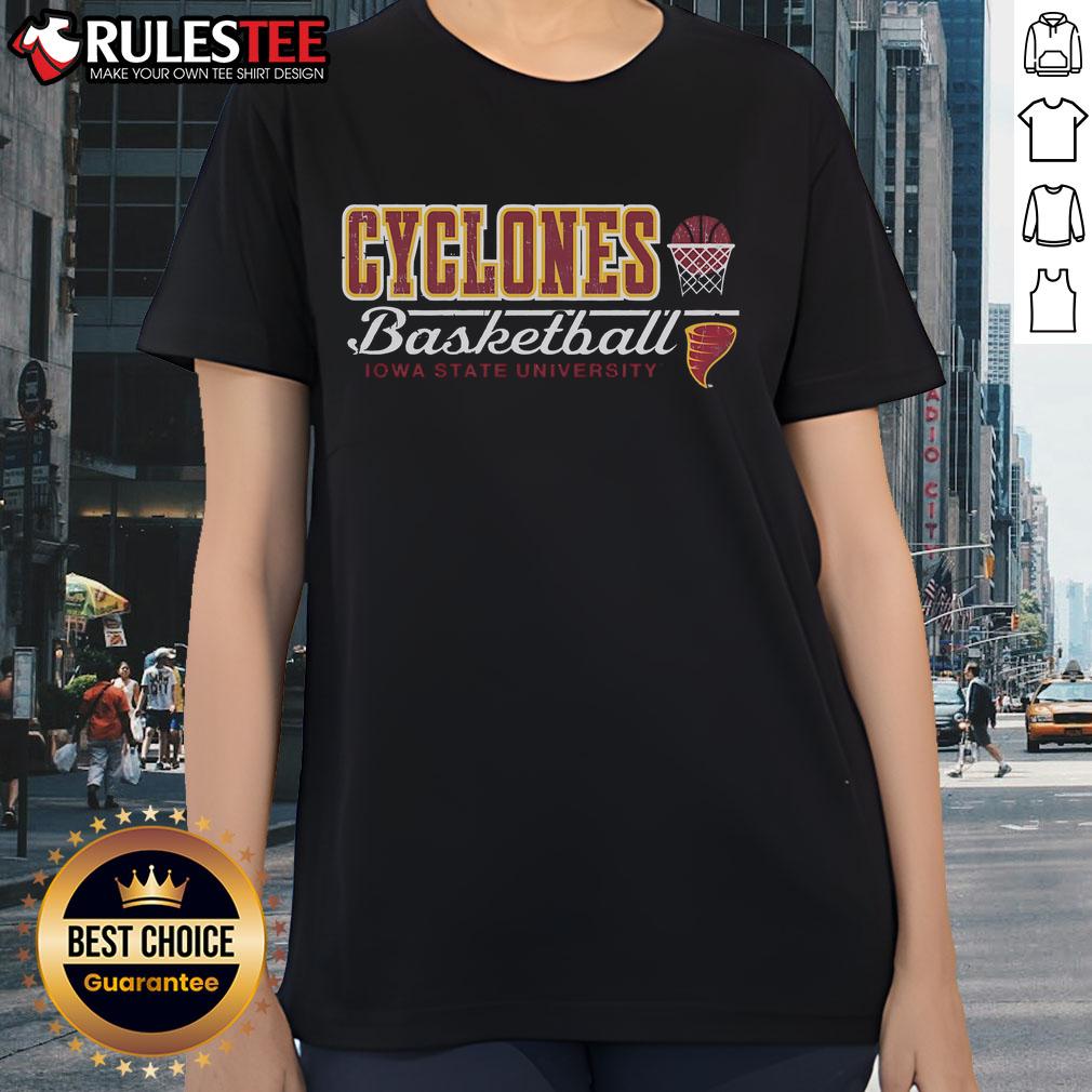 Awesome Iowa State Cyclones Vintage Basketball Ladies Tee Alt Text: Vintage Iowa State Cyclones ladies tee featuring classic basketball graphics and a stylish design for fans.
