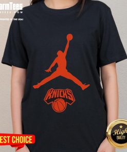 Alt Text: Awesome Jordan New York Knicks Basketball NBA Playoffs 2025 Ladies Tee featuring vibrant team colors and stylish design.