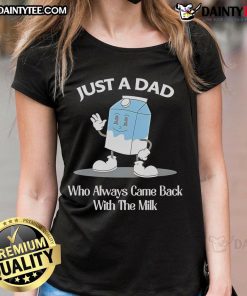 Alt Text: Awesome Just A Dad Who Always Came Back With The Milk cartoon ladies tee showcasing fun dad humor and stylish design.