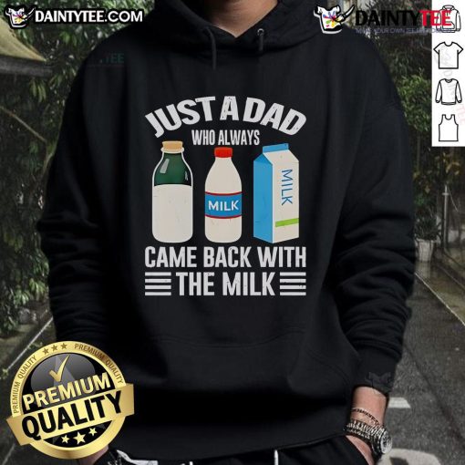 Funny Father's Day hoodie featuring 'Just a Dad Who Always Came Back With The Milk' design for dads who love humor.