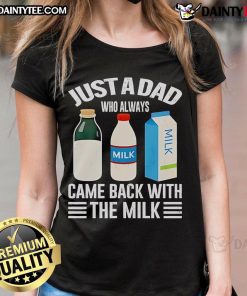 Funny Fathers Day tee for dads featuring 'Just A Dad Who Always Came Back With The Milk' design.