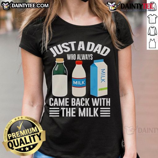Funny Fathers Day tee for dads featuring 'Just A Dad Who Always Came Back With The Milk' design.