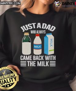 Alt Text: Funny Father's Day sweatshirt for dads with 'Just a Dad Who Always Came Back with the Milk' design.