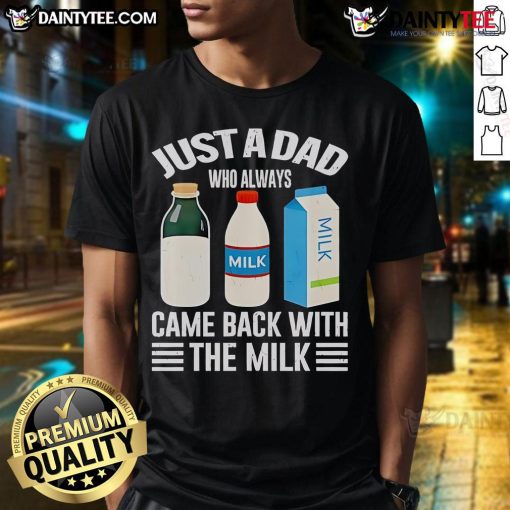 Alt Text: Funny Father's Day T-shirt reading Just A Dad Who Always Came Back With The Milk in bold, playful font.