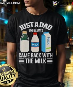 Alt Text: Funny Father's Day T-shirt reading Just A Dad Who Always Came Back With The Milk in bold, playful font.