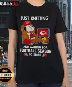 Women in Kansas City Chiefs gear knitting while eagerly waiting for football season to start, showcasing team spirit.