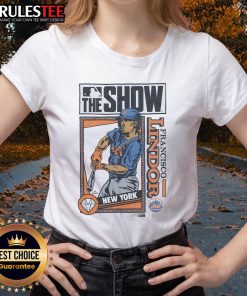 Awesome MLB The Show Mets Francisco Lindor Ladies Tee featuring vibrant team colors and stylish design for fans.