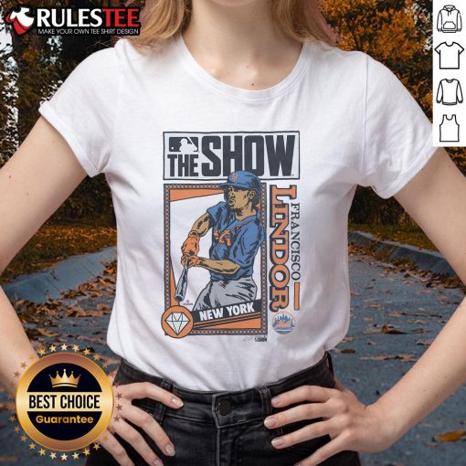 Awesome MLB The Show Mets Francisco Lindor Ladies Tee featuring vibrant team colors and stylish design for fans.