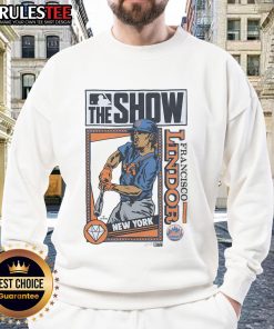 Alt Text: Awesome MLB The Show Mets Francisco Lindor sweatshirt featuring team colors and player design, perfect for fans.