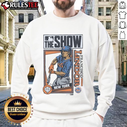 Alt Text: Awesome MLB The Show Mets Francisco Lindor sweatshirt featuring team colors and player design, perfect for fans.