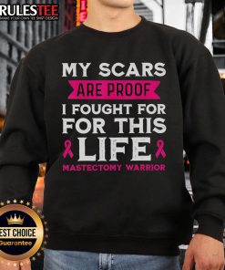 Mastectomy warrior sweatshirt featuring 'My Scars Are Proof I Fought For This Life' slogan, showcasing strength and resilience.