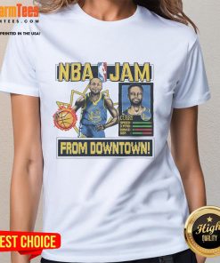 Awesome NBA Jam Warriors Stephen Curry ladies tee featuring vibrant graphics and comfortable fit for fans.