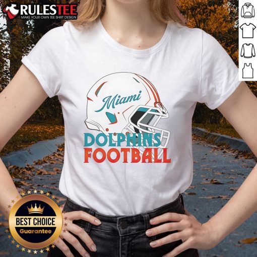 Alt Text: Stylish ladies' tee featuring an awesome NFL Miami Dolphins football helmet design for fans and casual wear.