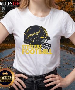 Alt Text: Stylish ladies tee featuring an awesome NFL Pittsburgh Steelers football helmet design, perfect for fans.