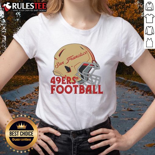 Alt Text: Stylish NFL San Francisco 49ers football helmet graphic on a ladies tee, perfect for fans and casual wear.