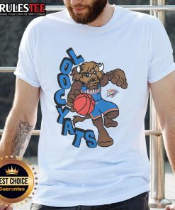 Alt Text: Awesome Oklahoma City Thunder Stadium Essentials NBA x Staycool mascot t-shirt featuring vibrant team colors and logo.