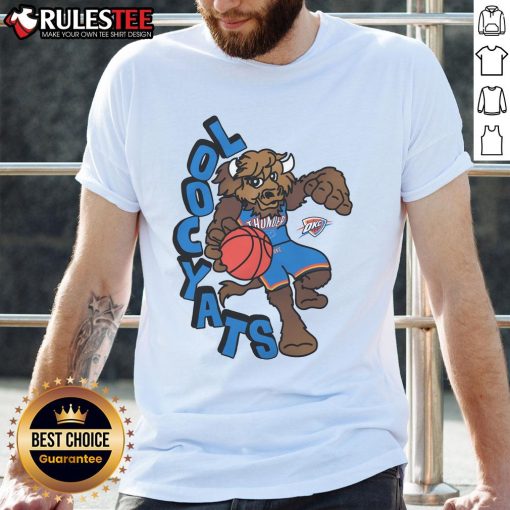 Alt Text: Awesome Oklahoma City Thunder Stadium Essentials NBA x Staycool mascot t-shirt featuring vibrant team colors and logo.