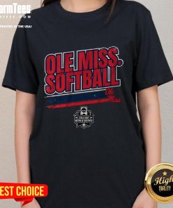 Alt Text: Awesome Ole Miss Softball Women's College World Series Stripe Ladies Tee featuring a stylish design and team colors.