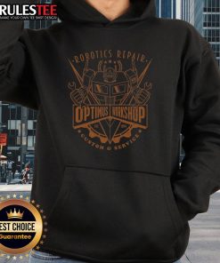 Awesome Optimus Workshop Robotics Repair Custom Service Hoodie featuring a sleek design and vibrant colors for tech enthusiasts.