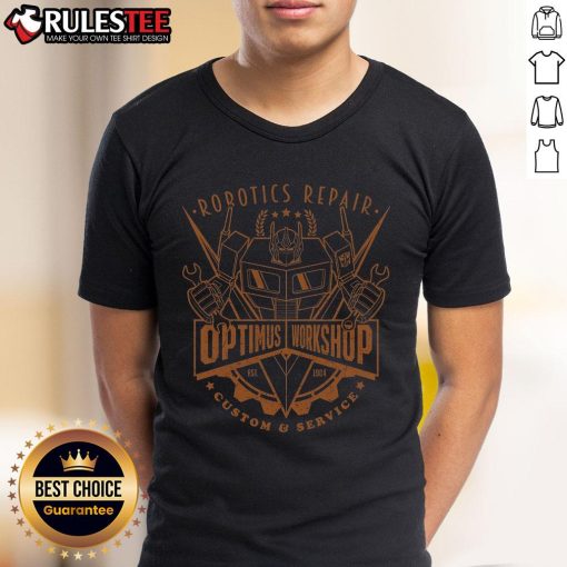 Awesome Optimus Workshop Robotics Repair Custom & Service T-Shirt featuring a robotic design, perfect for tech enthusiasts.