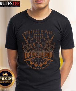 Awesome Optimus Workshop Robotics Repair Custom & Service T-Shirt featuring a robotic design, perfect for tech enthusiasts.