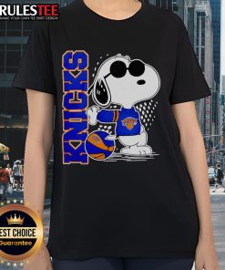 Alt Text: Awesome Peanuts Snoopy New York Knicks Basketball 2025 Ladies Tee featuring a playful Snoopy design and Knicks colors.